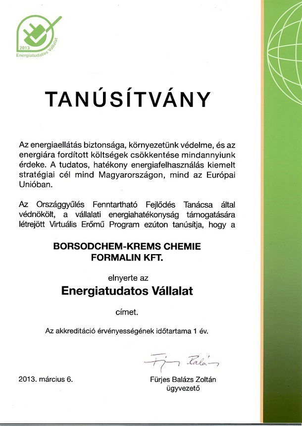 Energiatudatos vállalat 2013. tanúsítvány
